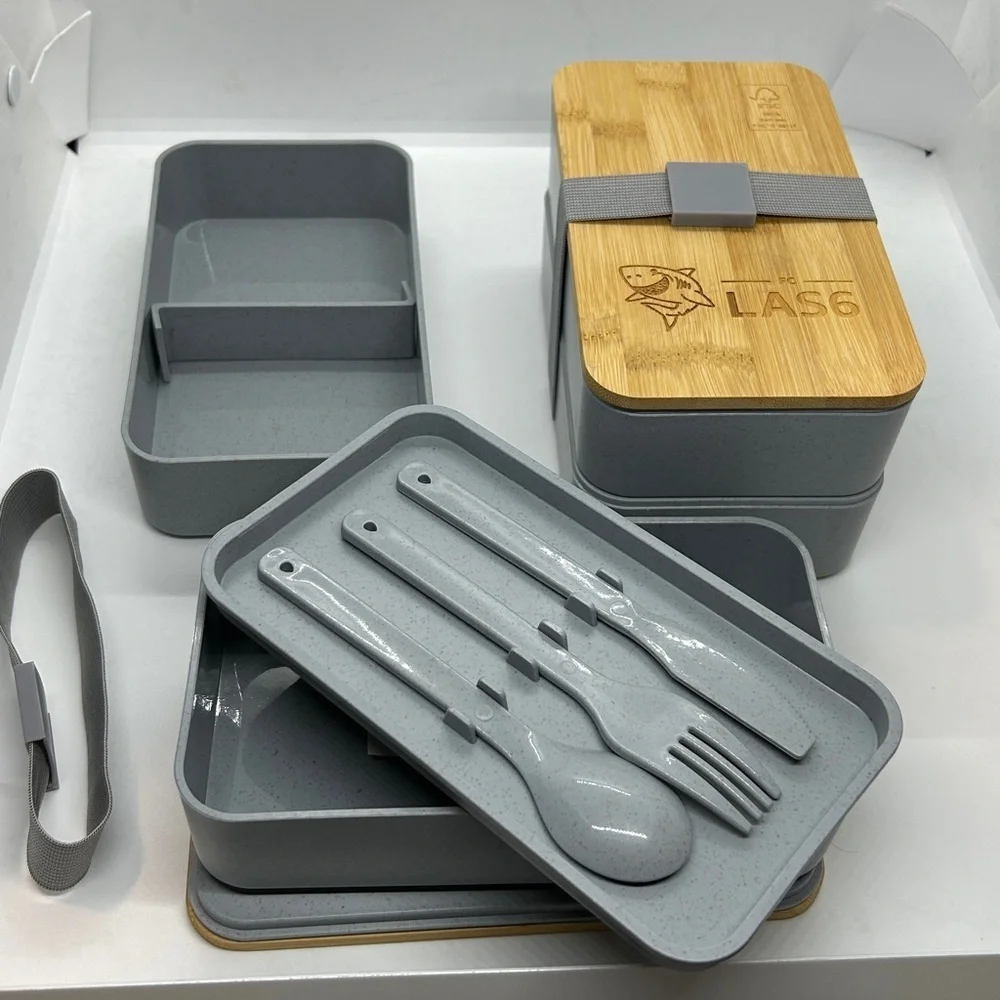 Bamboo and Gray Bento Japanese Wood Bento Lunch Boxes 2 Layer. Set of two